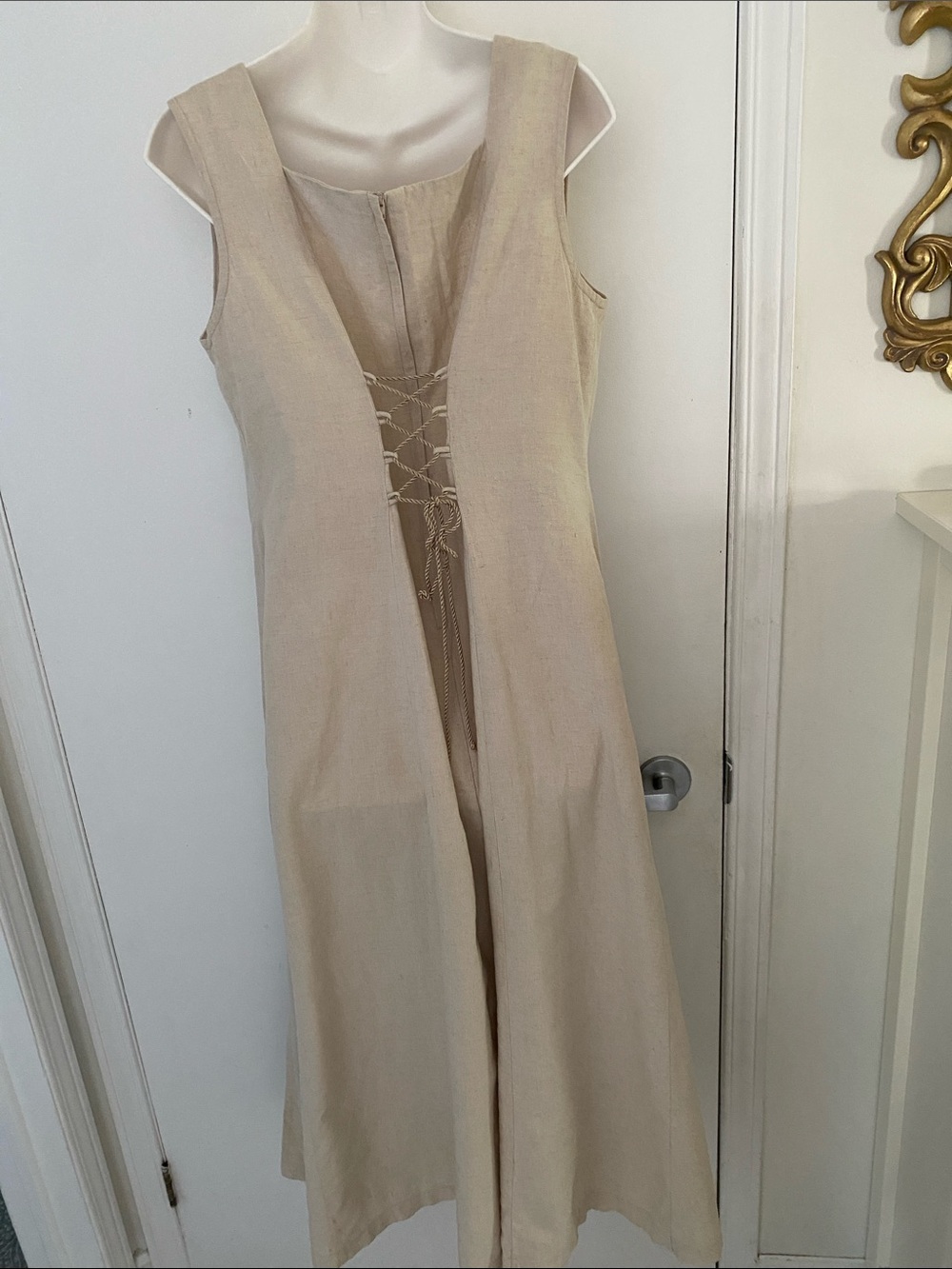 EXCALIBOR LInen Beige Maxi Dress w Black Insert & Lace-Up Panels Size X large - Picture 6 of 16